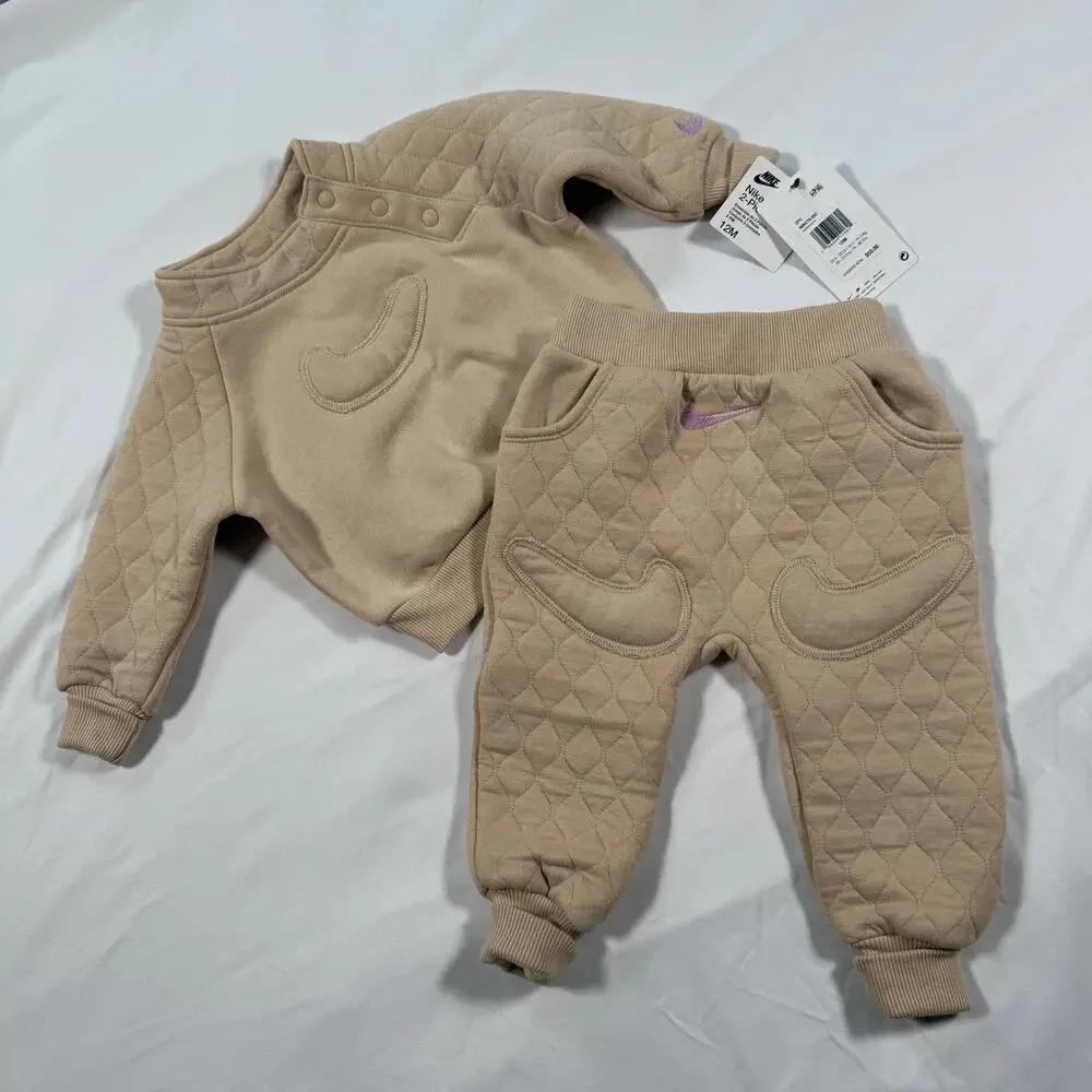 NWT Nike baby two piece sweat set beige and pink size 12M